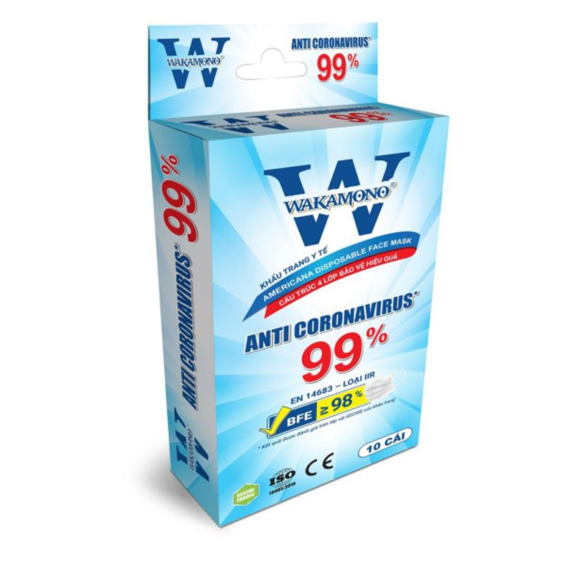 KHẨU TRANG WAKAMONO DIỆT 99% VIRUS NCOV (4 LỚP, HỘP 10 CÁI)