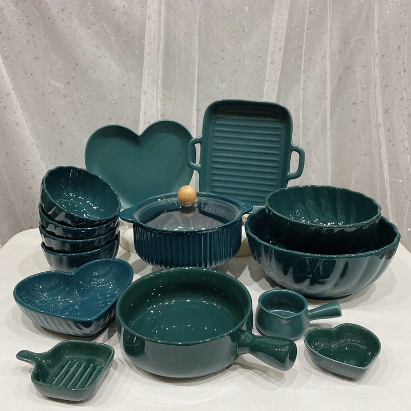 Bát đĩa sứ, Bát ăn cơm, Bộ chén dĩa dễ thương, bát đĩa decor xinh yêu bộ màu xanh cổ vịt cute sang chảnh.