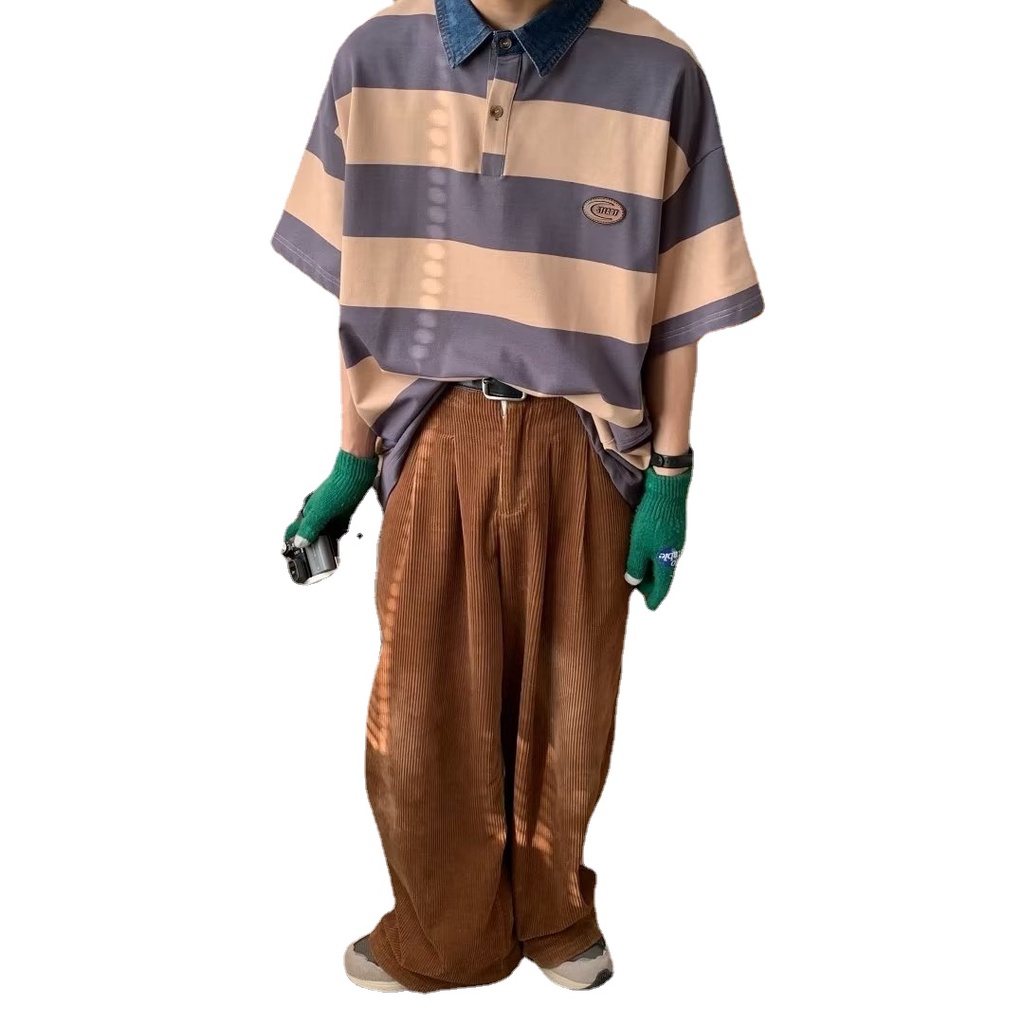 Áo Thun polo Kẻ Sọc Tay Ngắn Dáng Rộng Thoáng Khí Thời Trang Mùa Hè Cho Nam