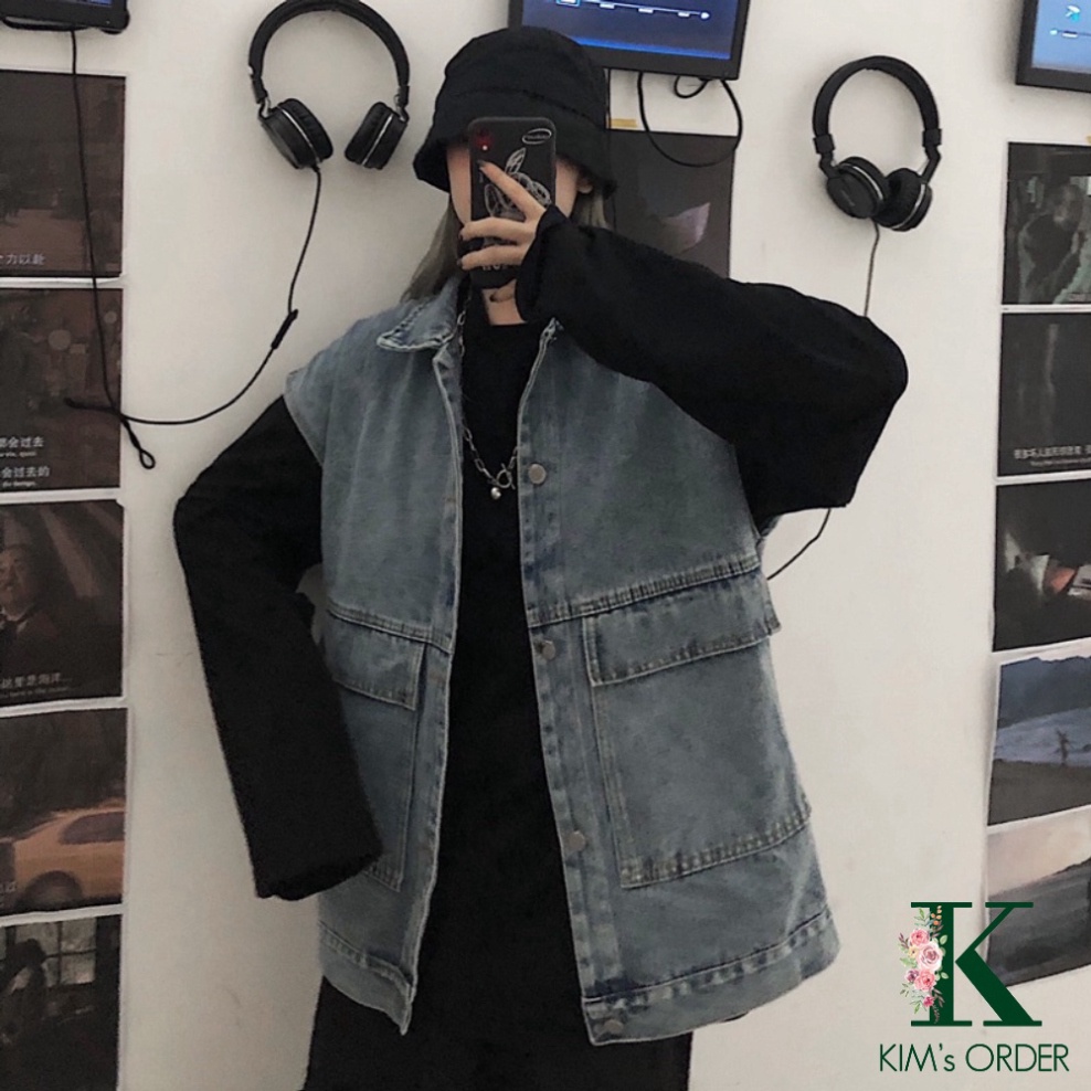 Áo Gile Bò Nam Nữ Phong Cách Cá Tính Áo Khoác Jeans Dáng Rộng Ulzzang Unisex Hàn Quốc Màu Xanh Màu Đen Đủ Size