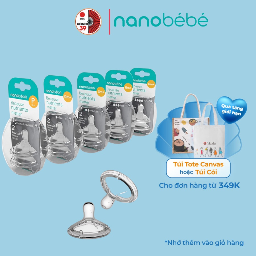 Set 2 núm ti Nanobebe silicon thay thế bình sữa Nanobebe cổ rộng 5 tốc độ chảy cho bé - Bahachiha