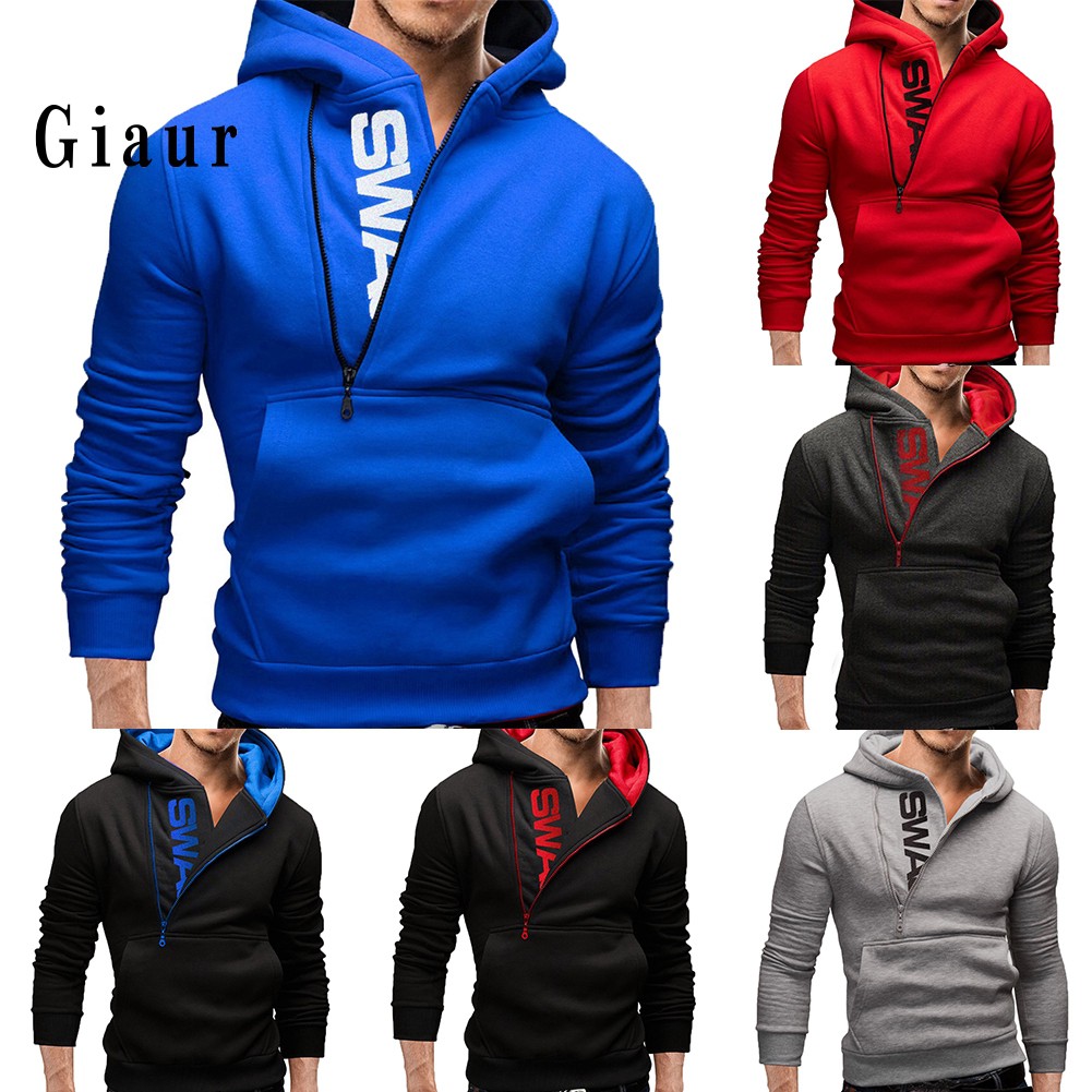 Lowprice  Sports Men Plus Size Slant Zipper Letter Hoodies Long Sleeve Hooded Sweatshirt