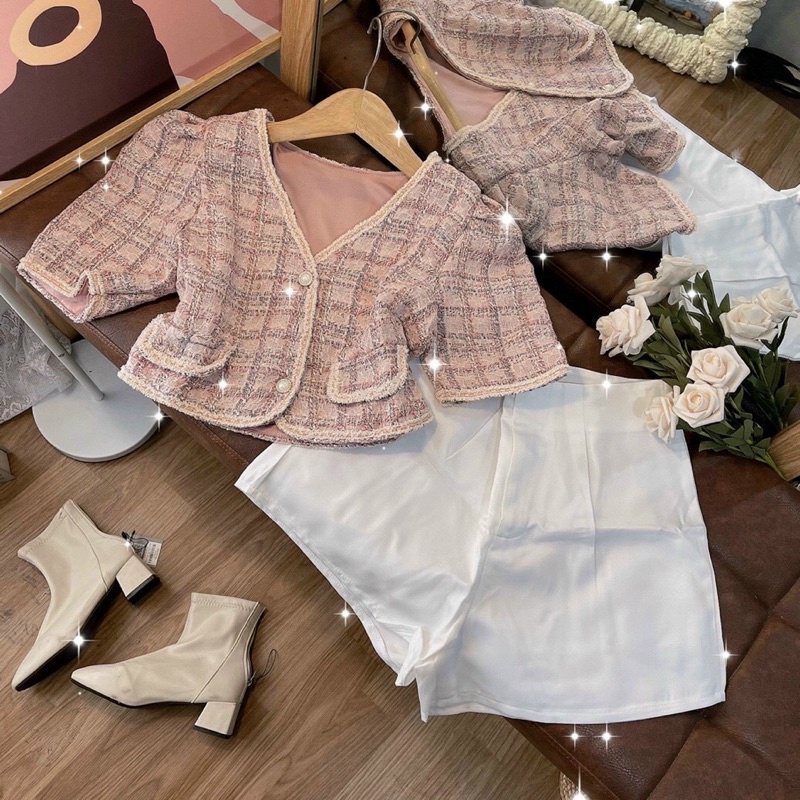 Set 2 món: Áo dạ hồng viền+ short trắng