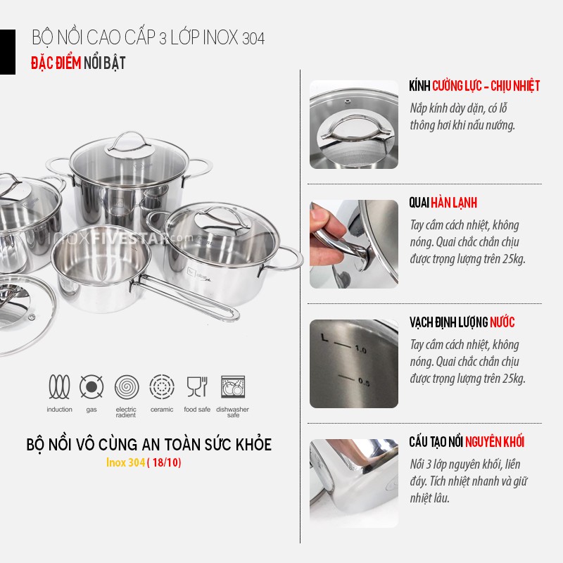 Bộ nồi inox 304 cao cấp Fivestar Plus 3 lớp đáy liền quai oval 4 món nắp kính bảo , bảo hành 25 năm