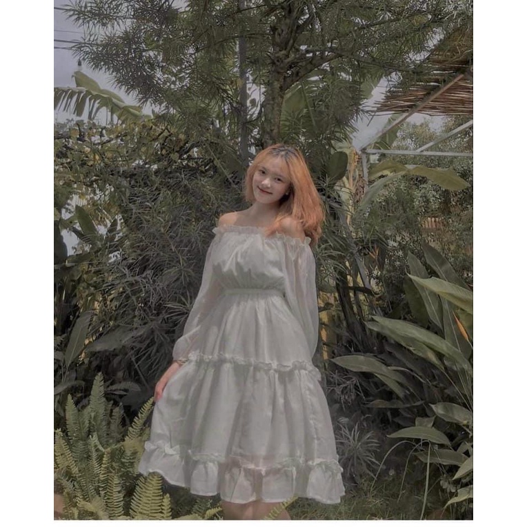 Váy đầm nữ trễ vai công chúa tay bồng chất voan 2 lớp dáng dài tiều thư phong cách hàn quốc,TONGKHOQUANAONU