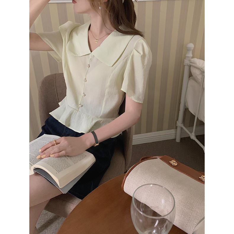 SUXI Áo Sơ Mi Tay Phồng Ngắn Cổ Búp Bê Phối Bèo Kiểu Pháp Dễ Thương