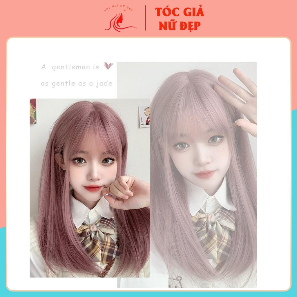 Tóc giả nữ nguyên đầu cúp lửng màu hồng khói siu đẹp, tặng kèm lưới trùm, MS1799