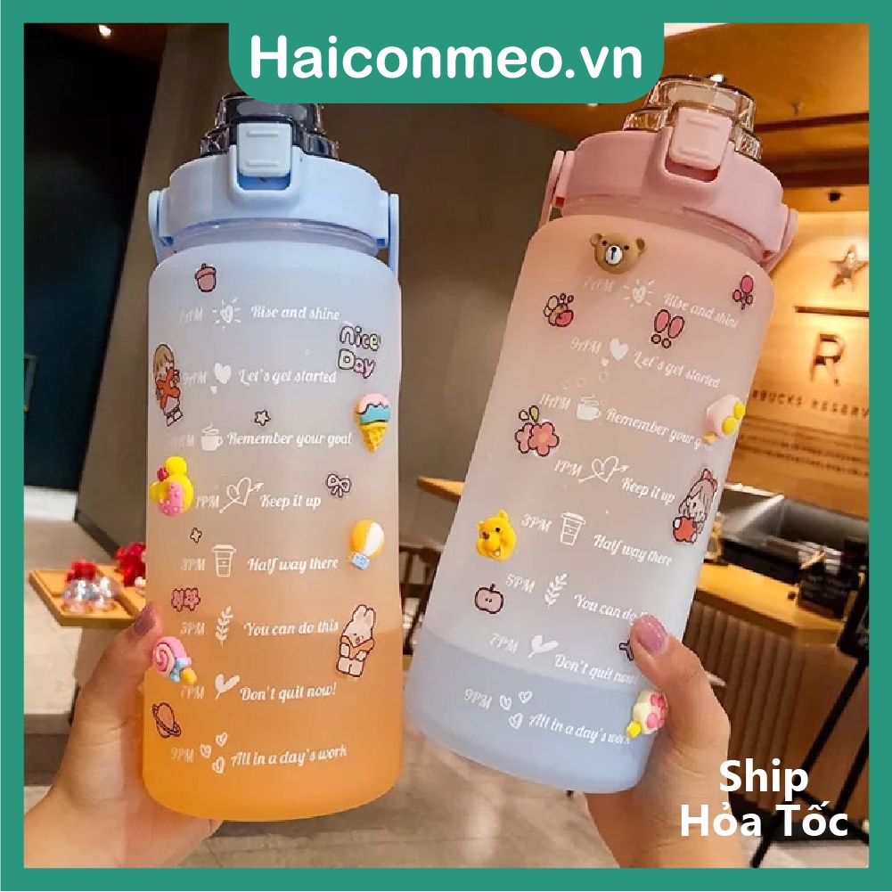 (Lỗi là đổi) Tặng Sticker Bình nước 2 lít dành cho người lười uống nước Có Vạch Nhắc Nhở Uống Nước Mỗi Ngày
