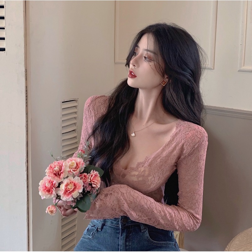 Áo sơ mi ngắn tay dài cổ chữ V phối ren gợi cảm thời trang dành cho nữ