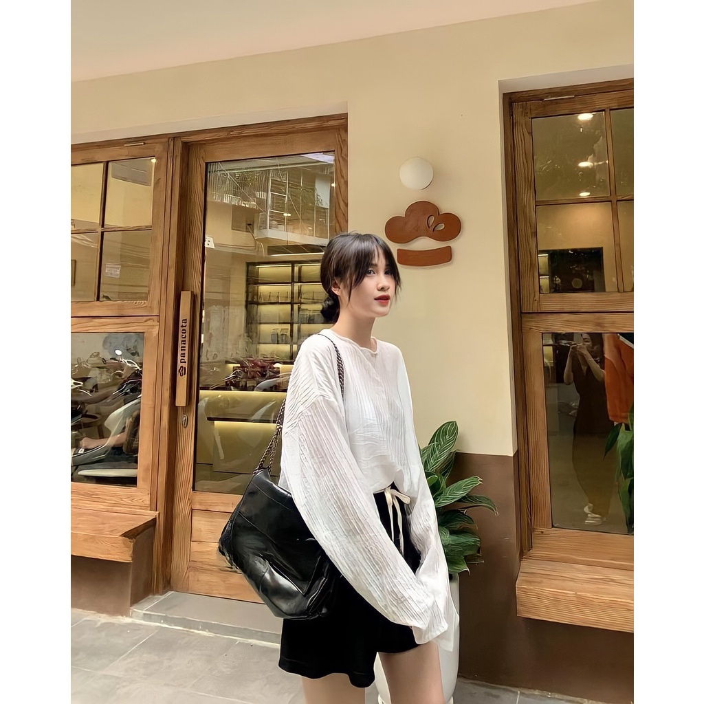 Áo Thun Nữ Cổ Tròn Dáng Suông Vải Xốp Gân Dài Tay 3 Màu Siêu Basic