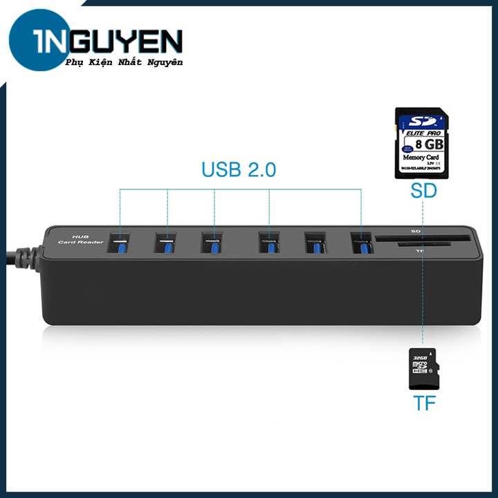 Hub Chia 6 Cổng USB kèm đầu đọc thẻ nhớ SD / TF | Bộ chia cổng USB