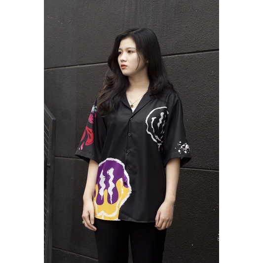 Áo sơ mi nam ngắn tay Họa tiết Form rộng, Mặt cười Đen- Local brand  CHÍNH HÃNG