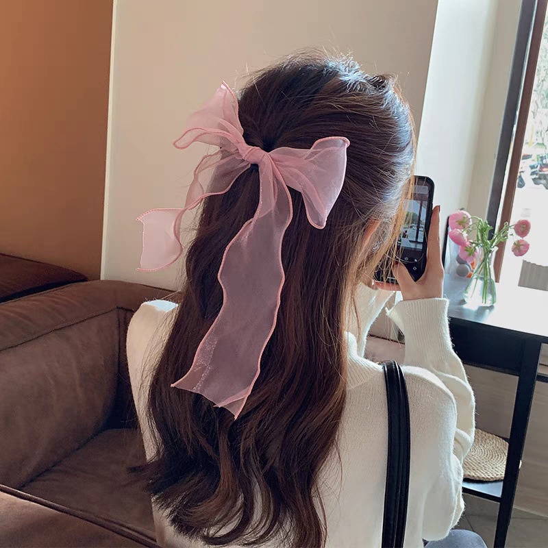 Dây Buộc Tóc Vải Voan Mềm Co Giãn Phối Dây Ruy Băng Thắt Nơ Ngọt Ngào