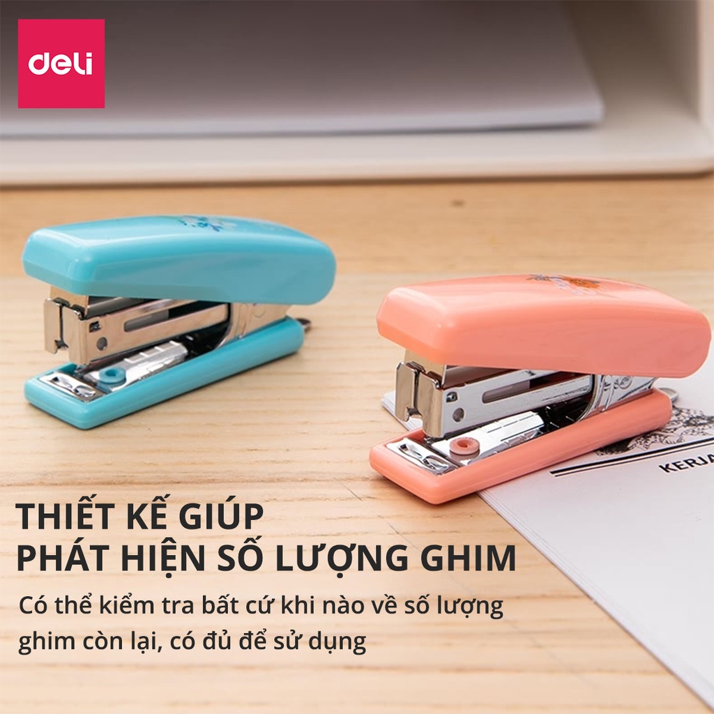 Dập ghim #10 Deli, Đính kèm 1000 chiếc ghim 12 trang, Xanh, vàng, trắng, hồng - 1 cái E0254