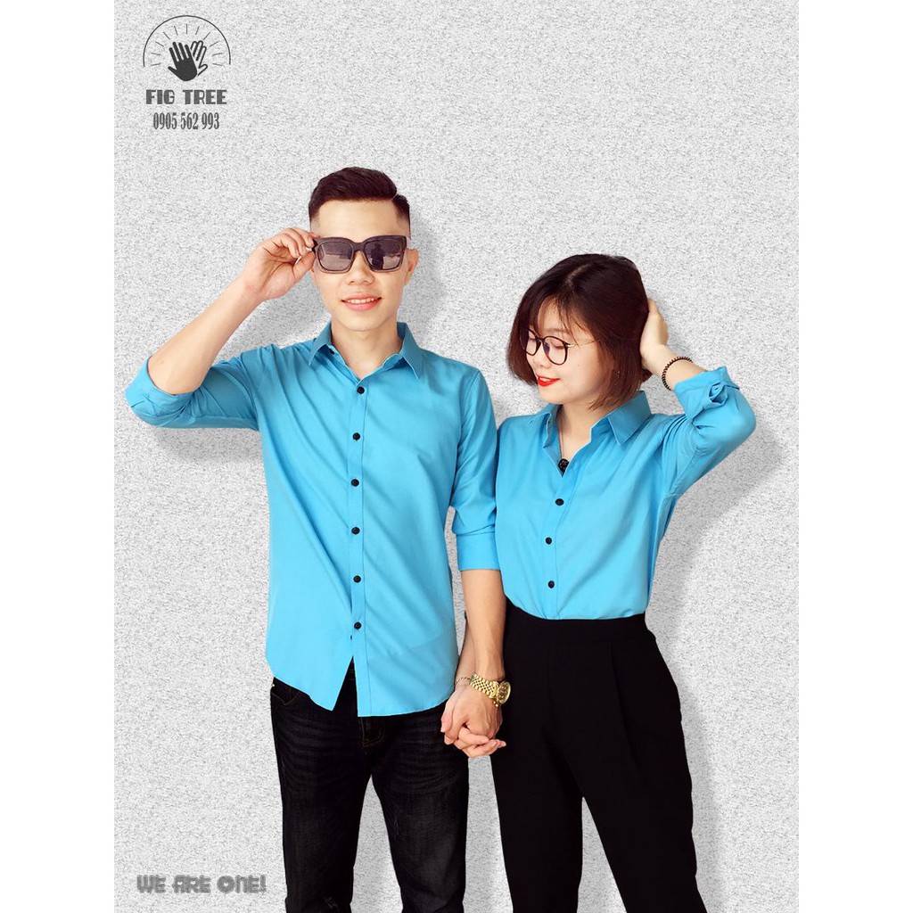 Áo Sơ Mi Cặp Thương Hiệu FIGTREE Màu Xanh Ngọc Tươi Tắn