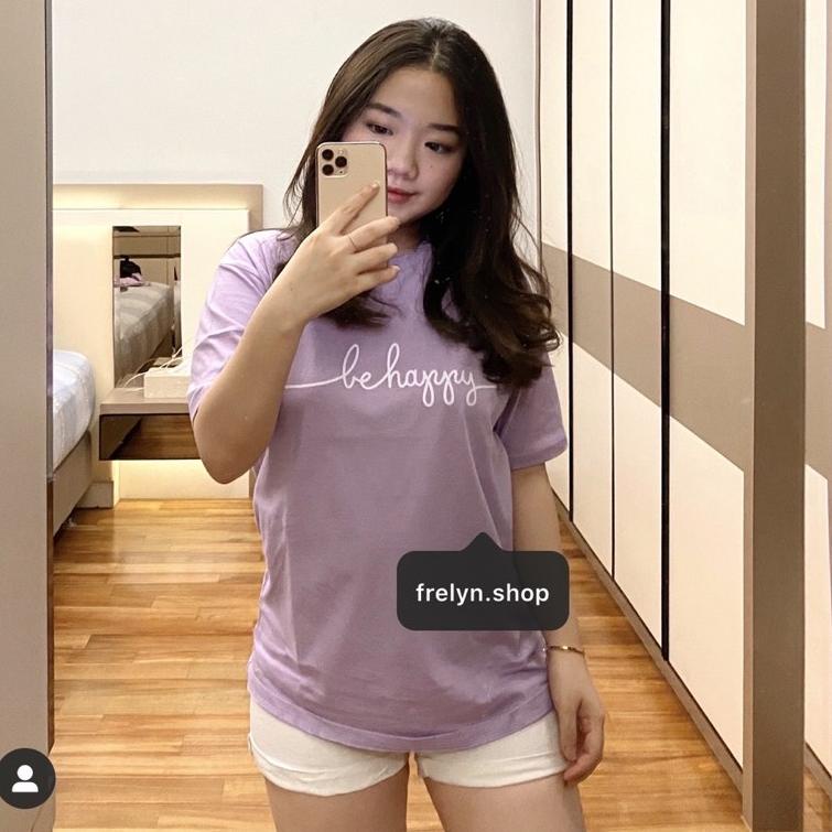 (Pct.15Ag21I) BE HAPPY OVERSIZE PINK trắng đen vàng | Áo thun đen in hình BERSHKA TSHIRT