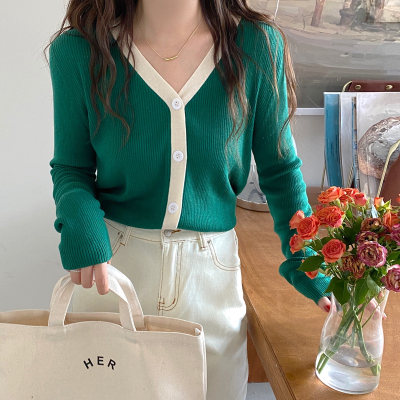 Áo khoác cardigan Pure Cube dài tay cổ chữ V màu sắc tương phản phong cách Hàn Quốc cho nữ