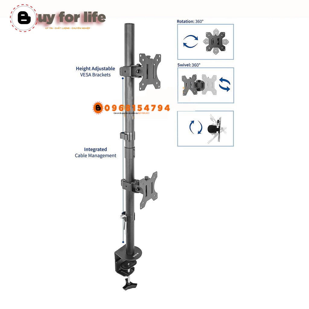 [Trụ 80Cm] Giá Treo Hai Màn Hình Kẹp Bàn 17 – 27 Inch Tay Treo Hai Màn Hình Máy Tính Xếp Màn Trên / Dưới - Xoay Màn 360° | BigBuy360 - bigbuy360.vn