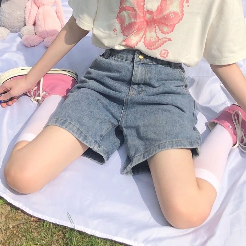 Summer Korean High Waist Wide Leg Women's Denim Shorts New Retro Loose Straight Shorts