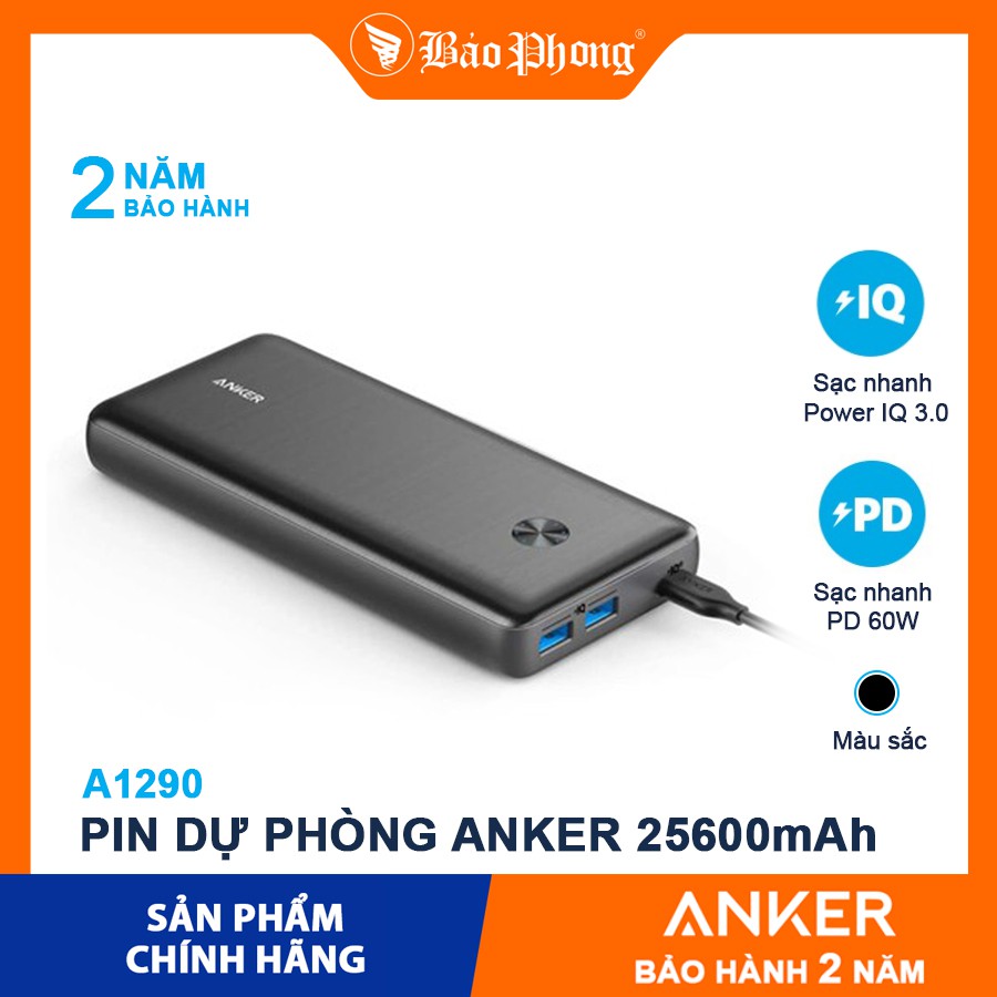 Pin dự phòng ANKER A1290 PowerCore III Elite 25600mAh 60W PD Dành cho điện thoại iPhone iP Xiaomi Huawei Samsung Oppo