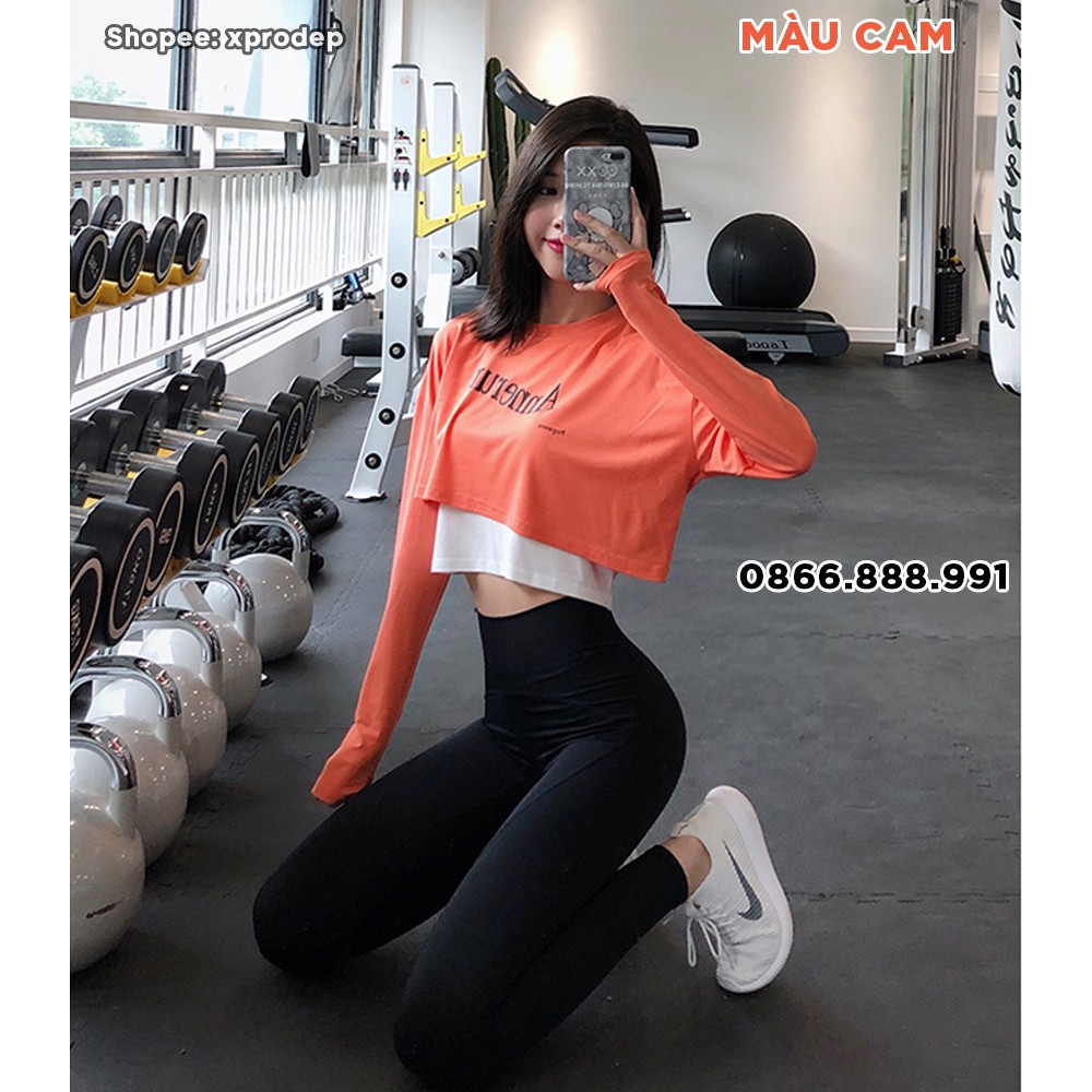 Áo Croptop Tay Dài Tập Gym Yoga Nữ AD08 Hai Lớp, Dáng Rộng, Thiết Kế Trẻ Trung Năng Động