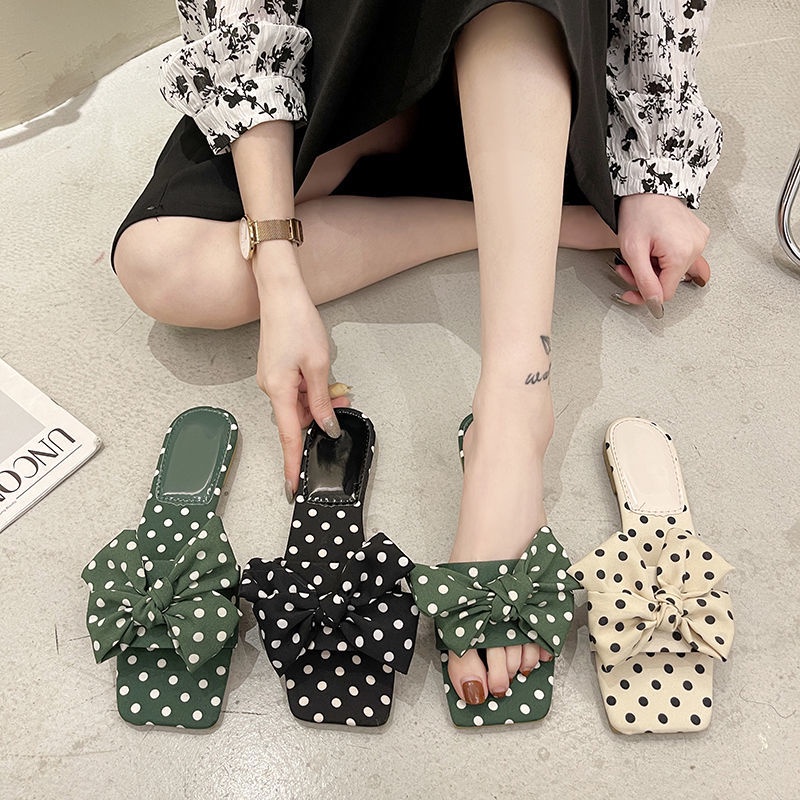 Dép Đế Bằng Đính Nơ Họa Tiết Chấm Bi Xinh Xắn Thời Trang Dành Cho Nữ