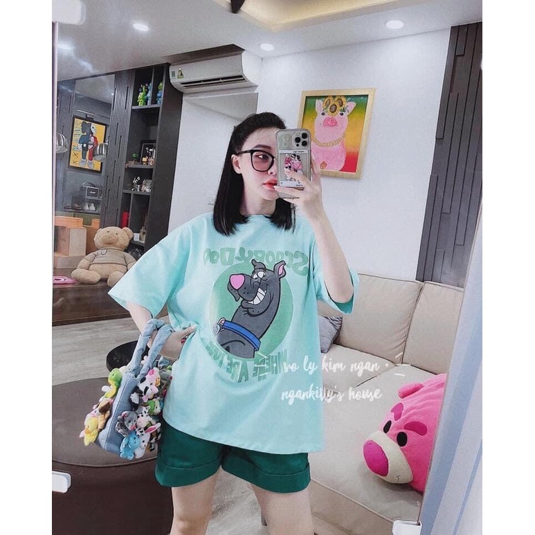 Bộ đồ quần đùi kèm áo phông nữ xanh Chú Chó Tinh Nghịch, sét đồ mặc nhà nữ quần đùi áo thun mặc nhà thể thao năng động