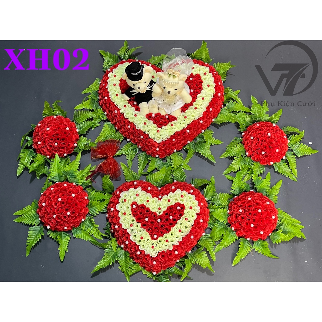 Bộ Xe Hoa Cưới - Bộ Hoa Xe Cưới Có Gấu - Bông Xe Hoa Rước Dâu Tim Đầy Có Gấu XH02