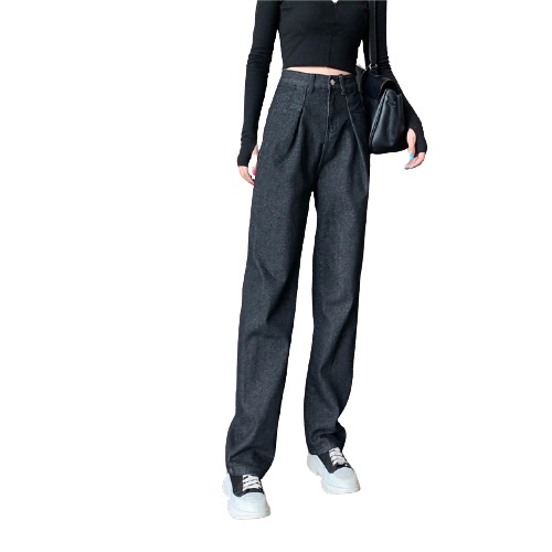 QKOOLE  Quần jean dài ống rộng lưng cao phong cách retro Hàn Quốc thời trang cho nữ