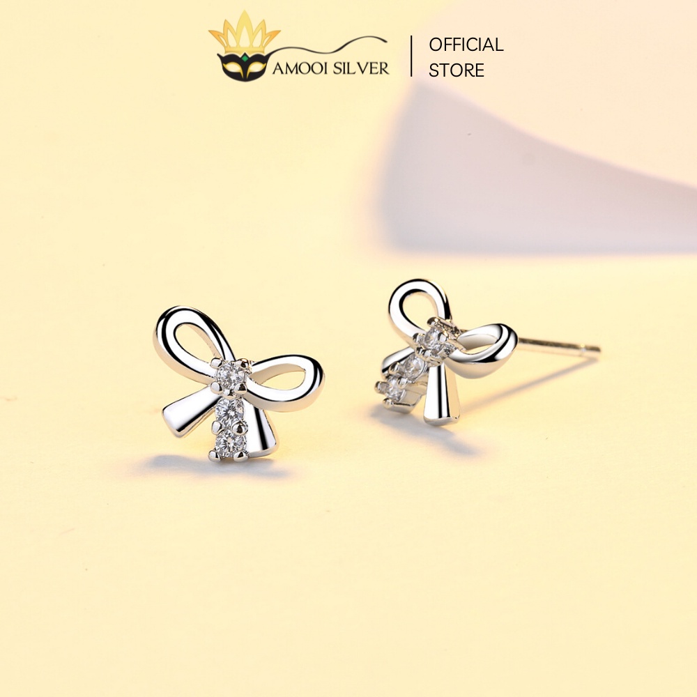 Bông Tai Bạc S925 Dạng Chui Hình Nơ Xinh Xắn Kèm Bi Vặn - Amooi Silver AB1