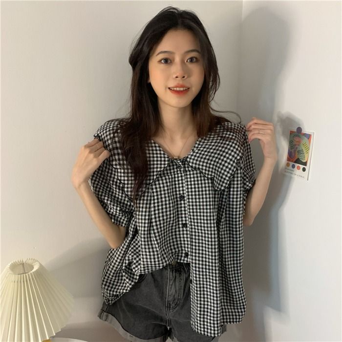 Áo babydoll Áo Sơ Mi Tay Ngắn Phồng Cổ Búp Bê Họa Tiết Sọc Caro Phong Cách Pháp Thời Trang Mùa Hè Cho Nữ