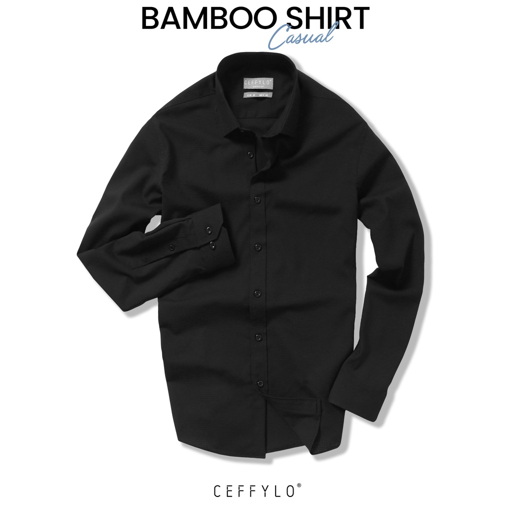 Áo Sơ Mi Nam Bamboo Dài Tay Ceffylo Chất Liệu Vải Sợi Tre Màu Đen Thoáng Mát Form Slimfit Co Giãn Tốt Kiểu Dáng Trơn