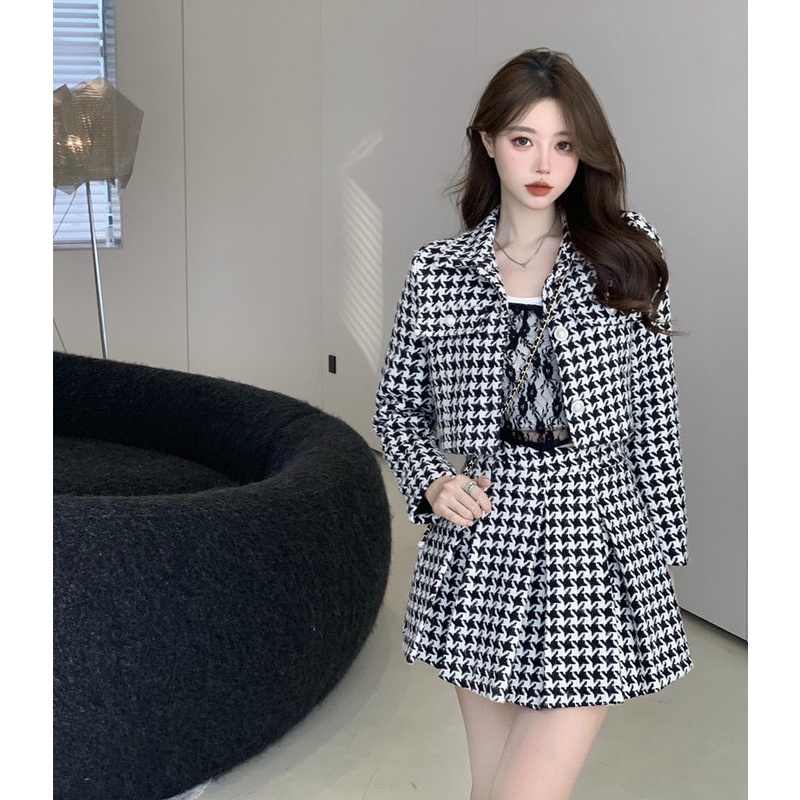 Bộ Trang Phục Gồm Áo Khoác Và Chân Váy Xếp Ly Sọc Caro Phong Cách Hong Kong Cổ Điển Mới Dành Cho Nữ