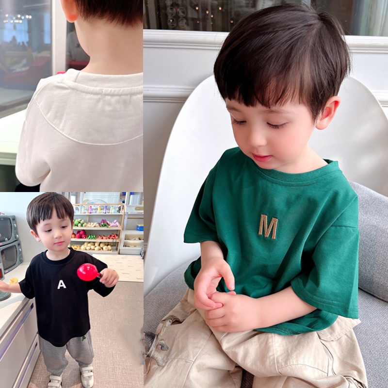 Giao ngay & Miễn phí Vận chuyển Thêu tinh tế Đơn giản theo phong cách phương Tây Bảng chữ cái bé trai Áo thun ngắn tay Mùa hè 2023 Áo thun nửa tay cho trẻ em