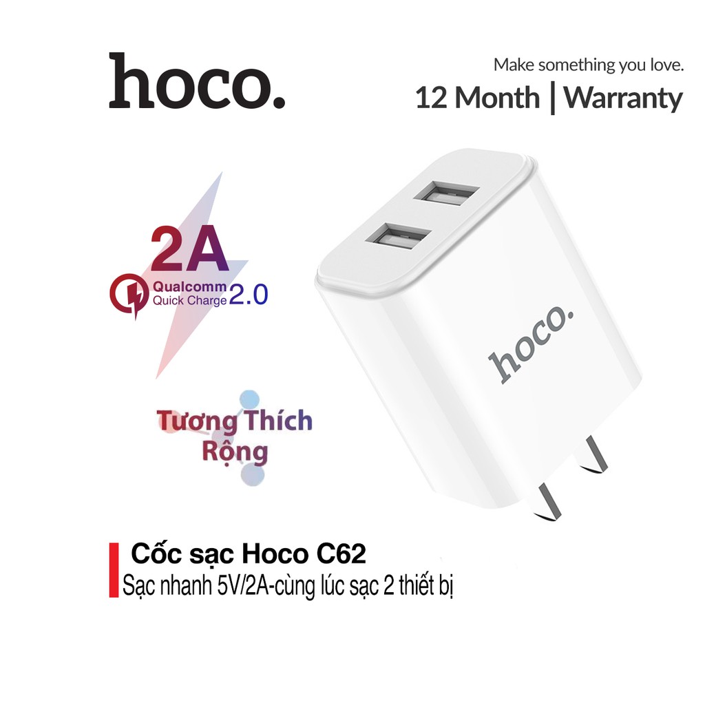 Cốc Sạc Nhanh 5V/2A Hoco C62 sạc cùng lúc 2 thiết bị chất liệu vỏ ABS+PC chống cháy