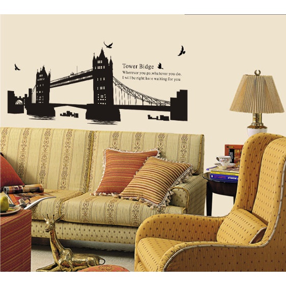 Decal trang trí tường - Cây cầu đen kèm chữ tiếng anh