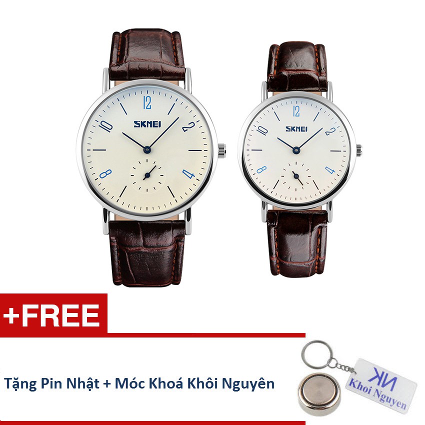 Đồng Hồ Đôi Skmei 91KCW20 Dây Da (Nâu mặt trắng) + Tặng pin Nhật, móc khoá Khôi Nguyên