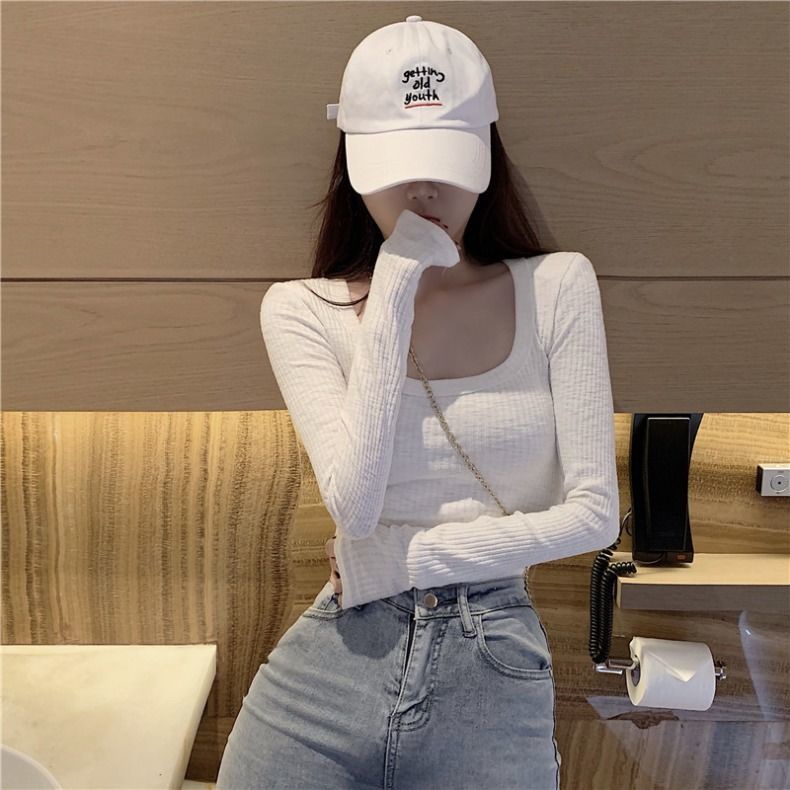 Áo thun COZOK tay dài dáng ôm cổ chữ U quyến rũ trẻ trung cho bạn gái