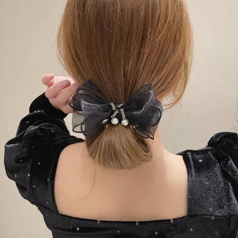 Dây Buộc Tóc Cao Su Co Giãn Đính Nơ Ren Và Ngọc Trai Thời Trang Hàn Quốc