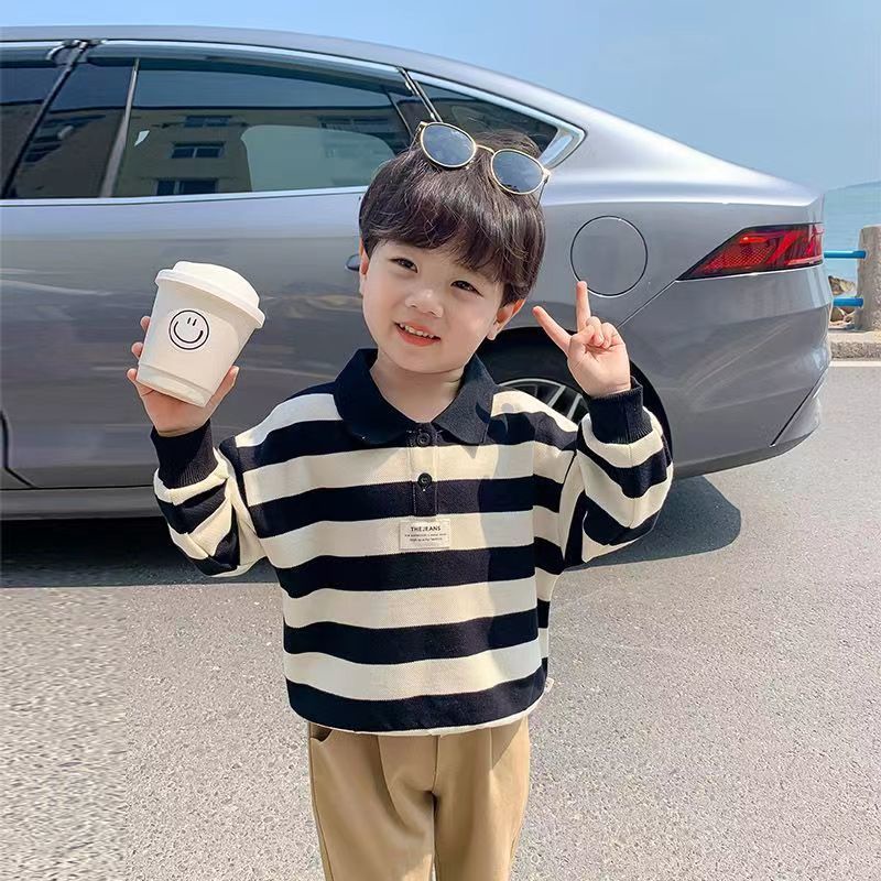 Áo Thun Polo Họa Tiết Kẻ Sọc Trắng Đen Phong Cách Hàn Quốc Thời Trang Mùa Thu 2022 Cho Bé Trai