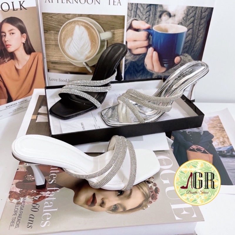 Guốc 3 quai xéo đá tròn da mềm gót nhọn 6 cm