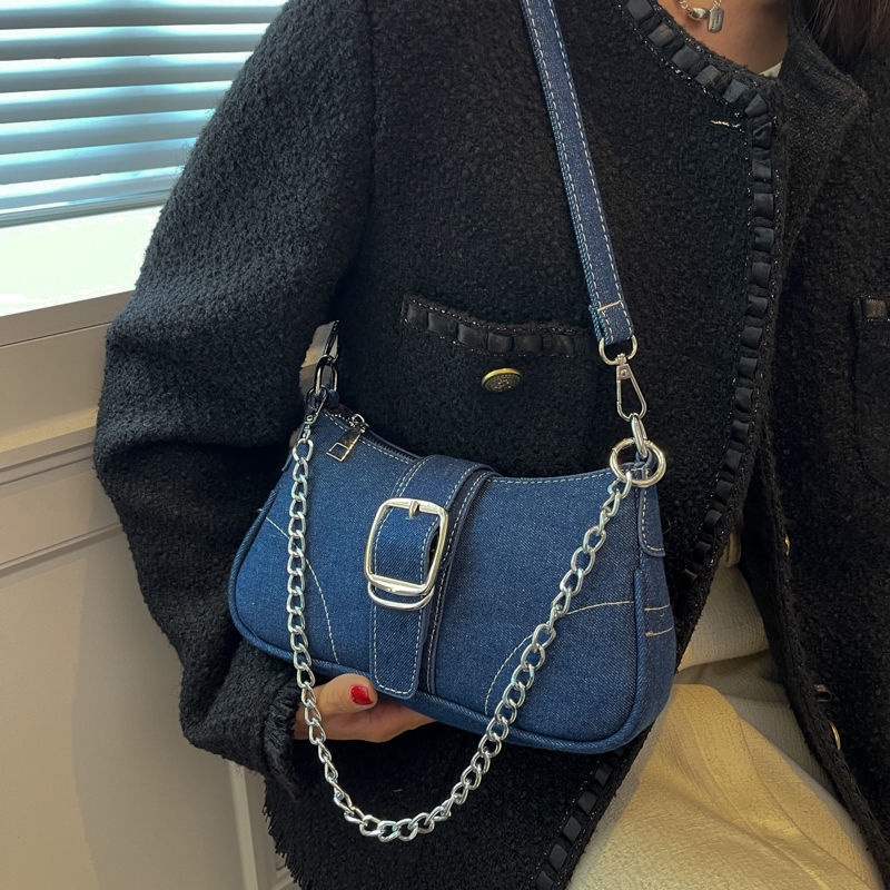 túi denim Túi Đeo Chéo Một Bên Vai Cỡ Nhỏ Thiết Kế Độc Đáo Chất Liệu Denim Niche Dễ Phối Đồ