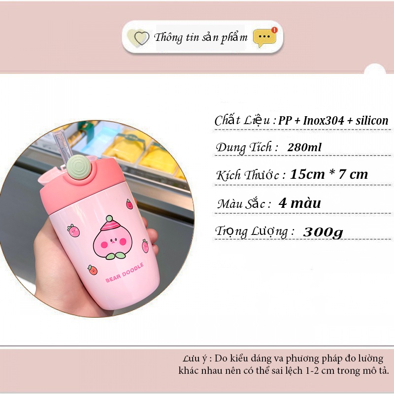 Bình giữ nhiệt mini siêu cute có ống hút silicon 280ml bình nước giữ nhiệt cho bé nhiều mẫu dễ thương B22