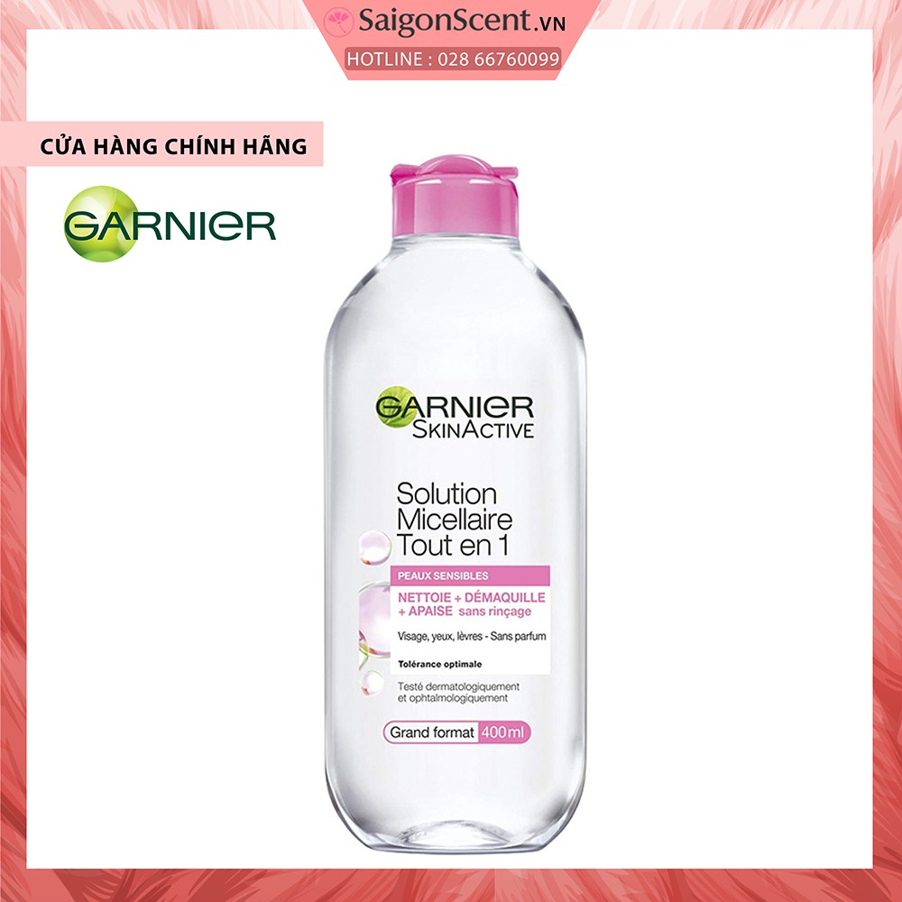 [SaigonScent] Tẩy trang cho da hôn hợp khô nhạy cảm Garnier Solution Micellaire Tout 2 en 1 ( Hồng Nhạt - 400mL )