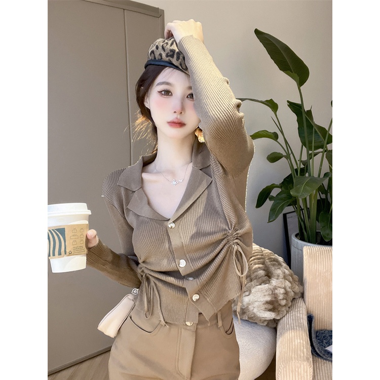 Áo croptop ZHELIHANGFEI dệt kim tay dài cổ polo phối dây rút phong cách trẻ trung thời trang quyến rũ cho nữ