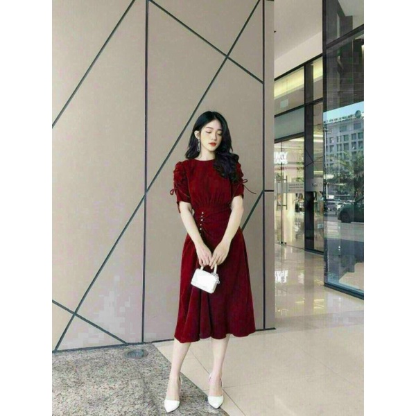 Đầm váy nữ dáng xòe tay ngắn rút dây eo đính cườm xinh thời trang nữ | BigBuy360 - bigbuy360.vn