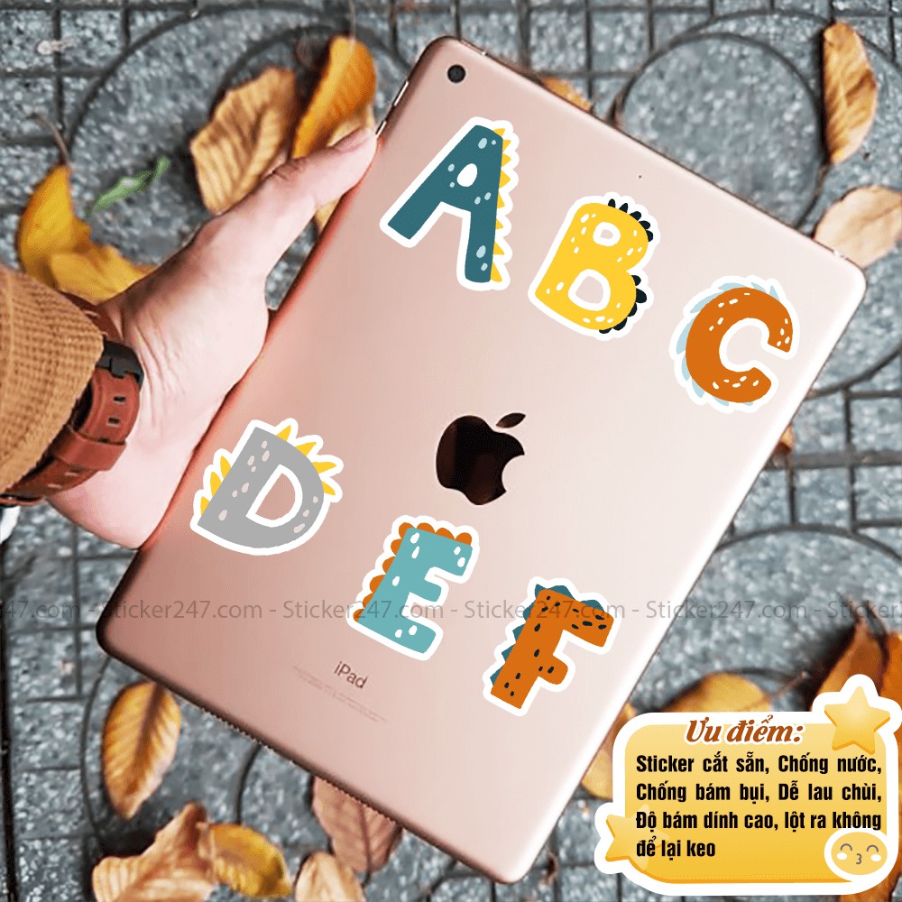 Sticker ABC bảng chữ cái và số thứ tự Khủng Long 𝑭𝒓𝒆𝒆𝒔𝒉𝒊𝒑 decal hình dán laptop, điện thoại, đàn, mũ bảo hiểm, ipad