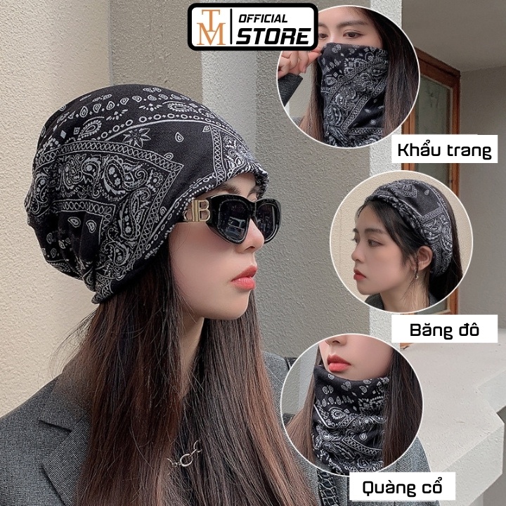 Mũ len xếp ly thổ cẩm lót lông trend Đông đa năng làm khẩu trang, băng đô, khăn quàng cổ MU21