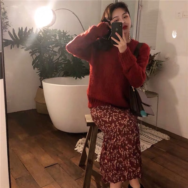 Combo váy hoa nhí dài mix áo len
