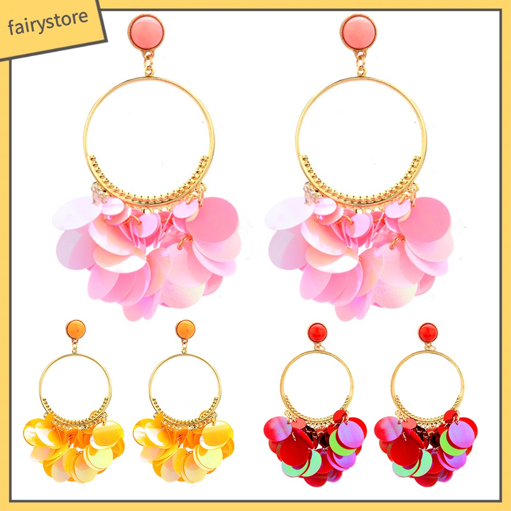 Bông tai dạng tua rua vảy kim loại phong cách Bohemian thời trang dành cho nữ